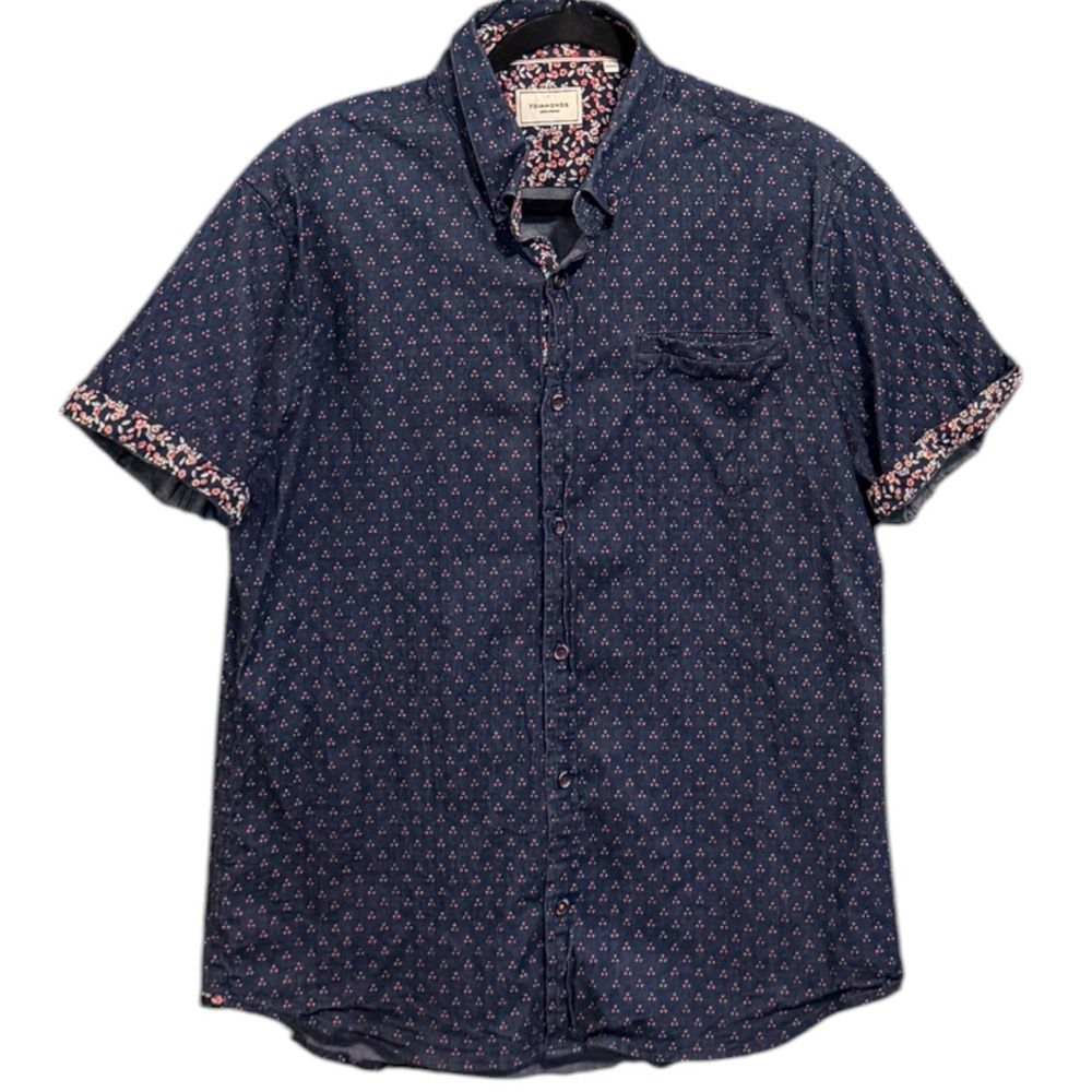 7Diamonds Mens Navy Blue Red Geometric Dot Short Sleeve Denim Stretch Shirt L